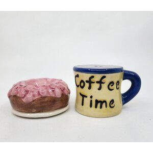 Vintage Coffee Time Coffee Mug Cup and Donut Salt & Pepper Shakers Set